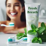 نمایی از خمیردندان مدرن با برچسب "Fresh Breath" در کنار مسواک و برگ نعناع در یک فضای تمیز و روشن، نمادی از دهانی خوشبو و بهداشتی